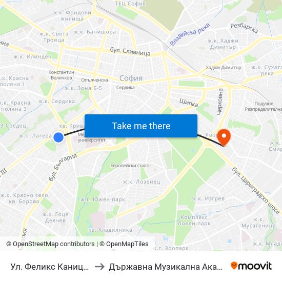 Ул. Феликс Каниц / Feliks Kanitz St. (2423) to Държавна Музикална Академия - Инструментален Факултет map