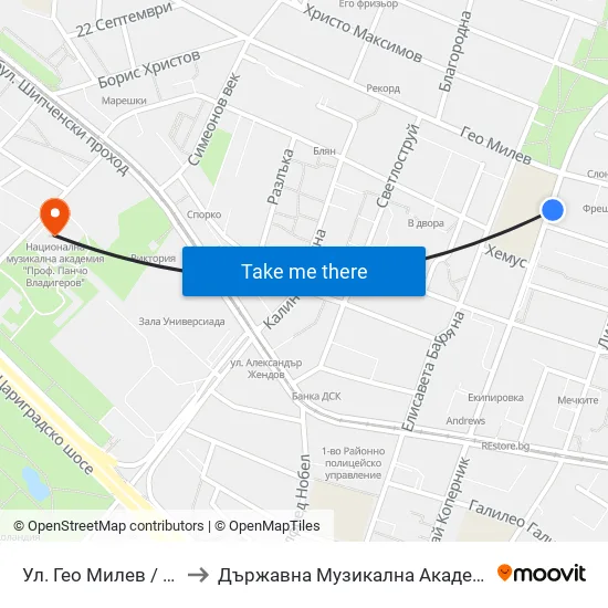 Ул. Гео Милев / Geo Milev St. (1904) to Държавна Музикална Академия - Инструментален Факултет map