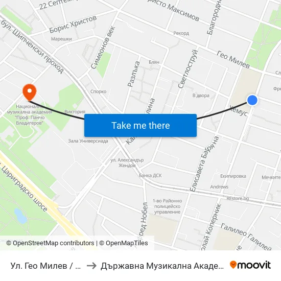 Ул. Гео Милев / Geo Milev St. (1905) to Държавна Музикална Академия - Инструментален Факултет map