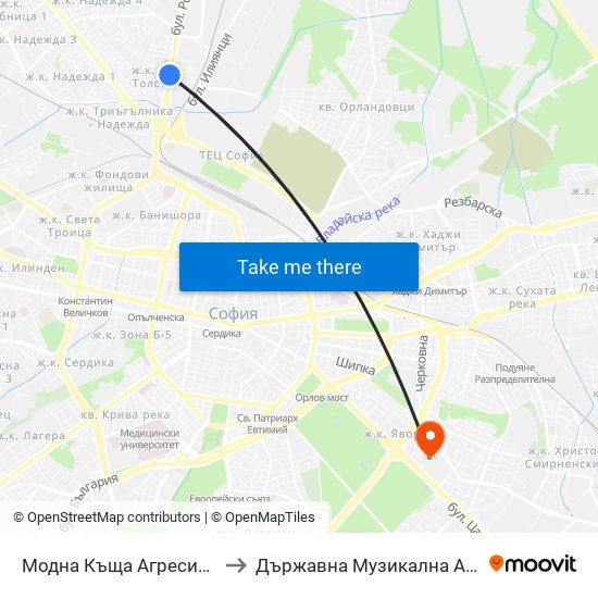 Модна Къща Агресия / Agressia Fashion House (0542) to Държавна Музикална Академия - Инструментален Факултет map