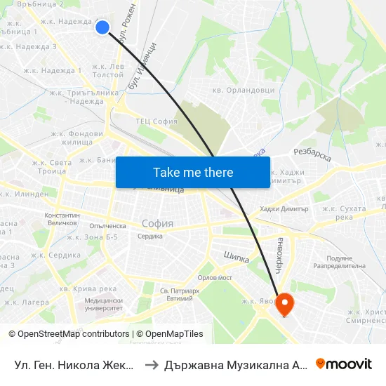 Ул. Ген. Никола Жеков / Gen. Nikola Zhekov St. (2574) to Държавна Музикална Академия - Инструментален Факултет map