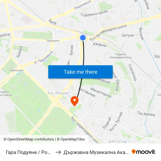Гара Подуяне / Poduyane Train Station (0473) to Държавна Музикална Академия - Инструментален Факултет map