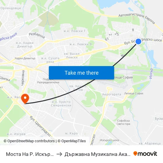 Моста На Р. Искър / Iskar River Bridge (1097) to Държавна Музикална Академия - Инструментален Факултет map