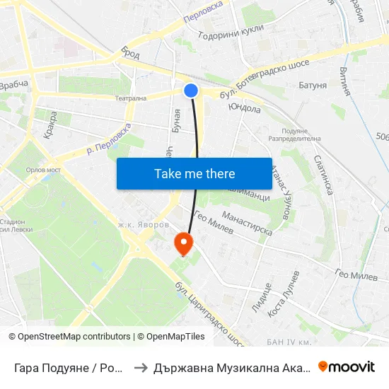Гара Подуяне / Poduyane Train Station (0469) to Държавна Музикална Академия - Инструментален Факултет map