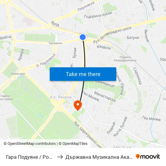 Гара Подуяне / Poduyane Train Station (0467) to Държавна Музикална Академия - Инструментален Факултет map