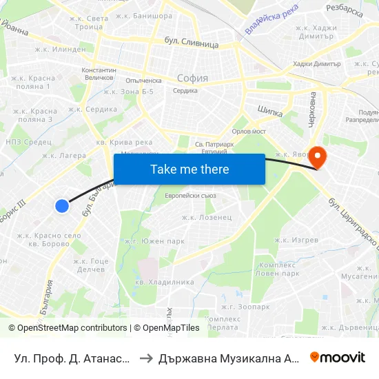 Ул. Проф. Д. Атанасов / Prof. D. Atanasov St. (2135) to Държавна Музикална Академия - Инструментален Факултет map