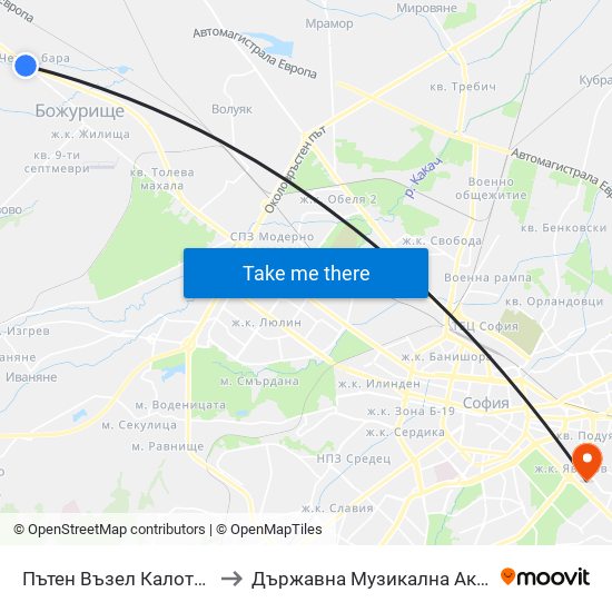 Пътен Възел Калотина / Kalotina Junction (2506) to Държавна Музикална Академия - Инструментален Факултет map