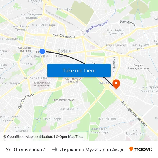 Ул. Опълченска / Opalchenska St. (2084) to Държавна Музикална Академия - Инструментален Факултет map