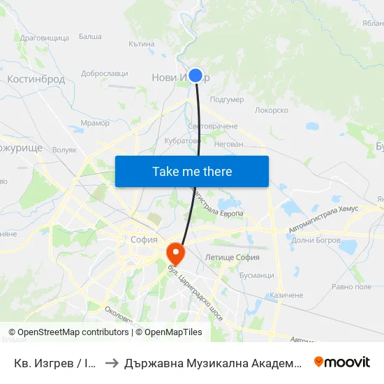 Кв. Изгрев / Izgrev Qr. (0841) to Държавна Музикална Академия - Инструментален Факултет map