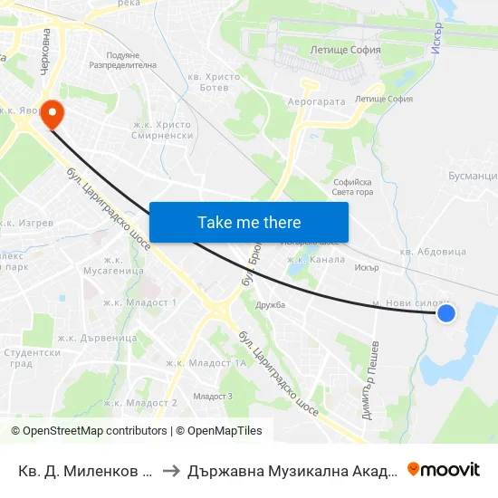 Кв. Д. Миленков / D. Milenkov Qr. (0833) to Държавна Музикална Академия - Инструментален Факултет map