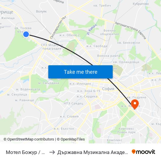 Мотел Божур / Bozhur Motel (1106) to Държавна Музикална Академия - Инструментален Факултет map