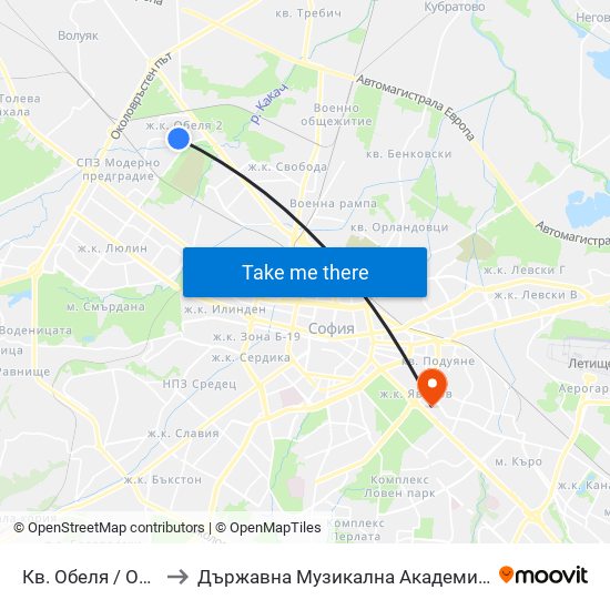 Кв. Обеля / Obelya Qr. (0872) to Държавна Музикална Академия - Инструментален Факултет map