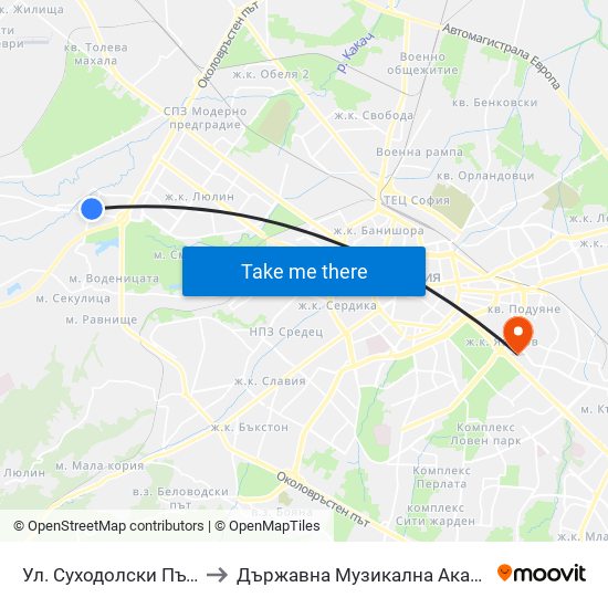 Ул. Суходолски Път / Suhodolski Pat (2199) to Държавна Музикална Академия - Инструментален Факултет map