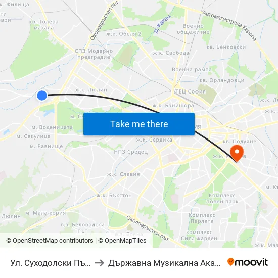 Ул. Суходолски Път / Suhodolski Pat (2199) to Държавна Музикална Академия - Инструментален Факултет map