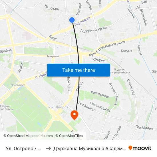 Ул. Острово / Ostrovo St. (2100) to Държавна Музикална Академия - Инструментален Факултет map