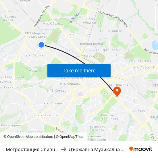 Ⓜ️ Метростанция Сливница / Slivnitsa Metro Station (1062) to Държавна Музикална Академия - Инструментален Факултет map