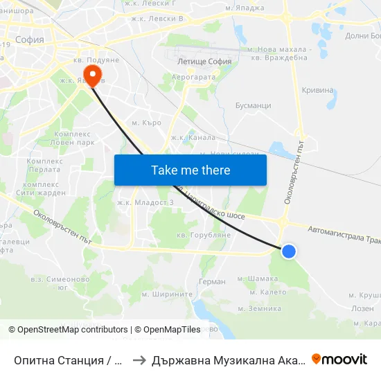 Опитна Станция / Experimental Station (1207) to Държавна Музикална Академия - Инструментален Факултет map