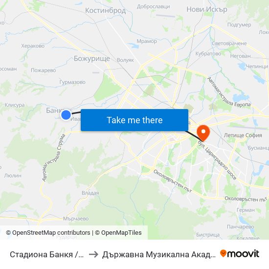 Стадиона Банкя / Bankya Stadium (1620) to Държавна Музикална Академия - Инструментален Факултет map