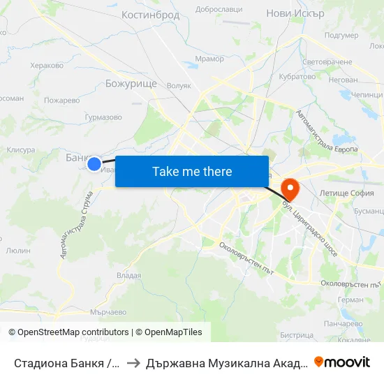 Стадиона Банкя / Bankya Stadium (1620) to Държавна Музикална Академия - Инструментален Факултет map