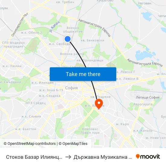 Стоков Базар Илиянци / Iliyantsi Commodity Market (2457) to Държавна Музикална Академия - Инструментален Факултет map