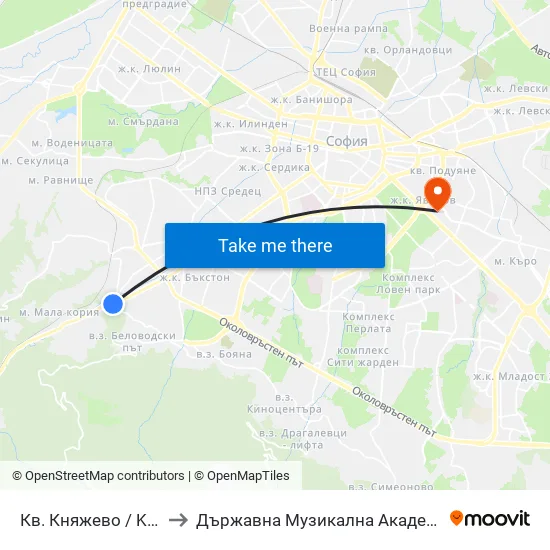 Кв. Княжево / Knyazhevo Qr. (0852) to Държавна Музикална Академия - Инструментален Факултет map
