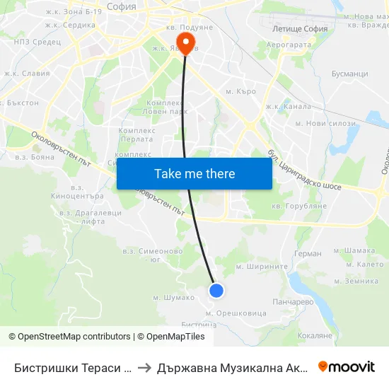 Бистришки Тераси / Terrace Of Bistritsa (2546) to Държавна Музикална Академия - Инструментален Факултет map