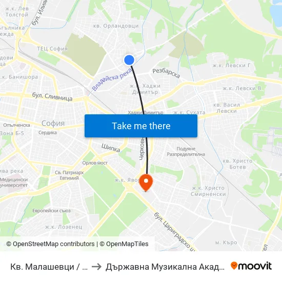 Кв. Малашевци / Malashevtsi Qr. (0862) to Държавна Музикална Академия - Инструментален Факултет map