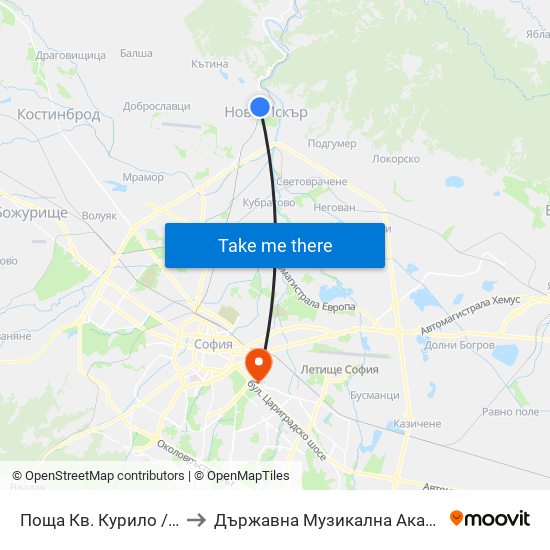 Поща Кв. Курило / Kurilo Post Office (1408) to Държавна Музикална Академия - Инструментален Факултет map