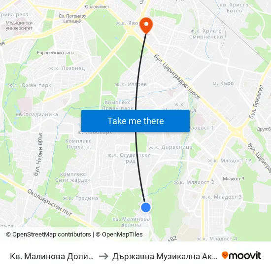 Кв. Малинова Долина / Malinova Dolina Qr. (0426) to Държавна Музикална Академия - Инструментален Факултет map
