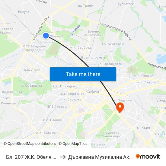 Бл. 207 Ж.К. Обеля 2 / Bl. 207, Obelya 2 Qr. (0162) to Държавна Музикална Академия - Инструментален Факултет map