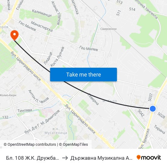 Бл. 108 Ж.К. Дружба 1 / Bl. 108, Druzhba 1 Qr. (0128) to Държавна Музикална Академия - Инструментален Факултет map