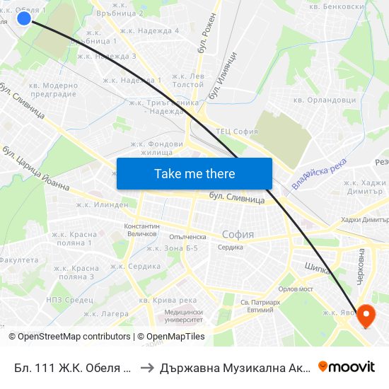 Бл. 111 Ж.К. Обеля 1 / Bl. 111, Obelya 1 Qr. (0133) to Държавна Музикална Академия - Инструментален Факултет map