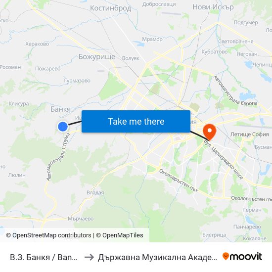 В.З. Банкя / Bankya Villa Zone (0431) to Държавна Музикална Академия - Инструментален Факултет map