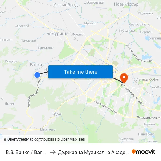 В.З. Банкя / Bankya Villa Zone (0431) to Държавна Музикална Академия - Инструментален Факултет map