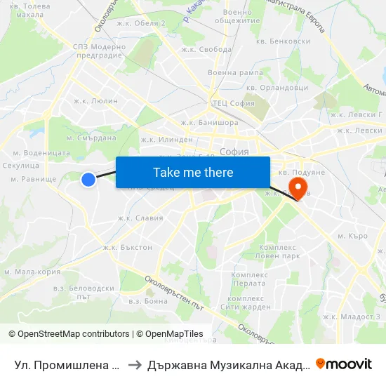 Ул. Промишлена / Promishlena St. (2140) to Държавна Музикална Академия - Инструментален Факултет map
