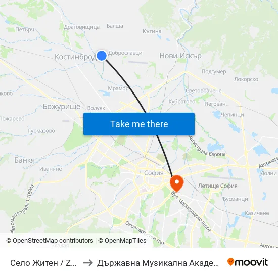 Село Житен / Zhiten Village (1533) to Държавна Музикална Академия - Инструментален Факултет map