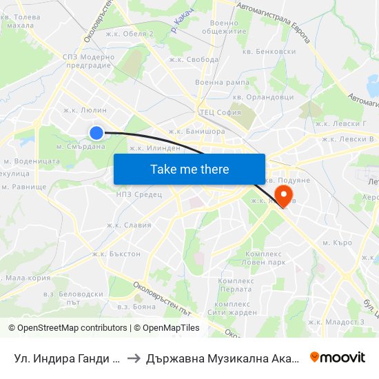 Ул. Индира Ганди / Indira Gandhi St. (1961) to Държавна Музикална Академия - Инструментален Факултет map