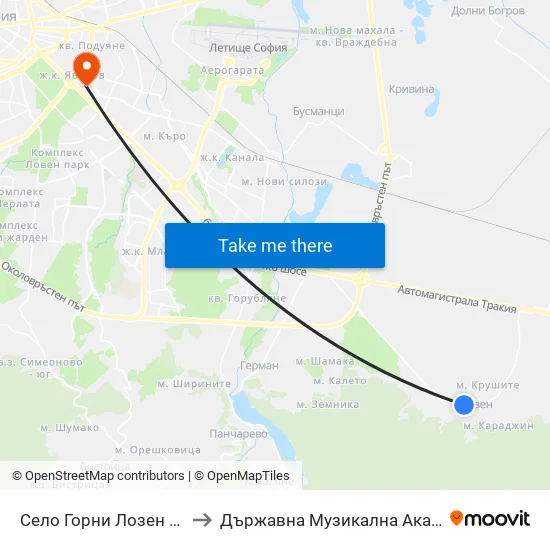 Село Горни Лозен / Gorni Lozen Village (1524) to Държавна Музикална Академия - Инструментален Факултет map