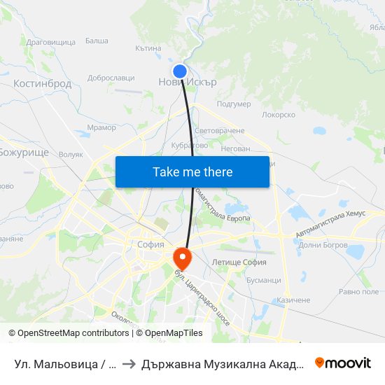 Ул. Мальовица / Malyovitsa St. (2538) to Държавна Музикална Академия - Инструментален Факултет map