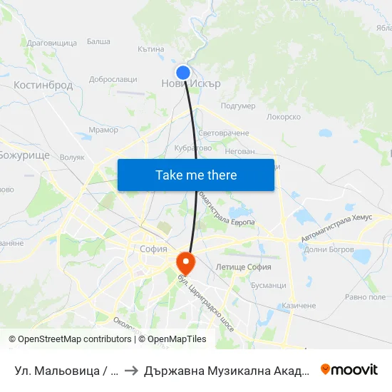 👋 Ул. Мальовица / Malyovitsa St. (2539) to Държавна Музикална Академия - Инструментален Факултет map