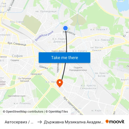 Автосервиз / Car Service (0513) to Държавна Музикална Академия - Инструментален Факултет map
