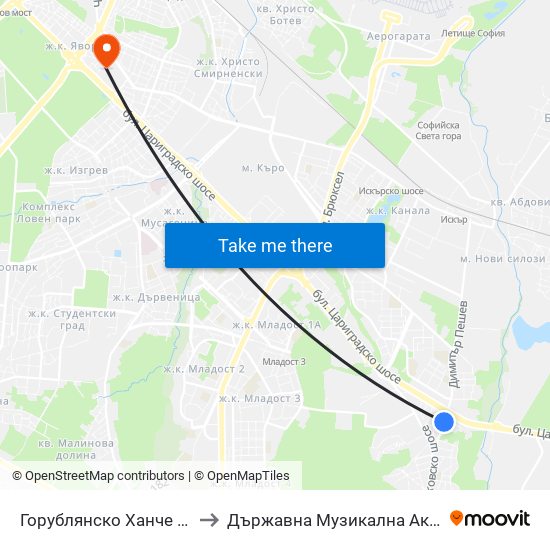 Горублянско Ханче / Gorublyansko Hanche (0498) to Държавна Музикална Академия - Инструментален Факултет map
