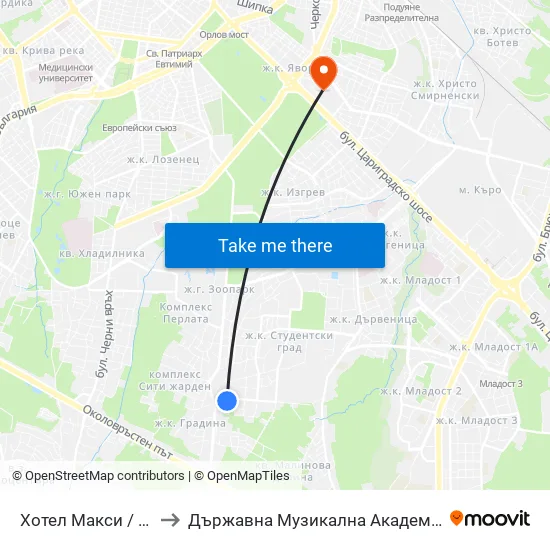 Хотел Макси / Maxi Hotel (2509) to Държавна Музикална Академия - Инструментален Факултет map