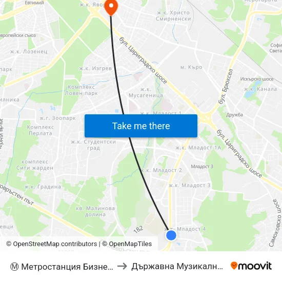 Ⓜ️ Метростанция Бизнес Парк / Business Park Metro Station (2491) to Държавна Музикална Академия - Инструментален Факултет map