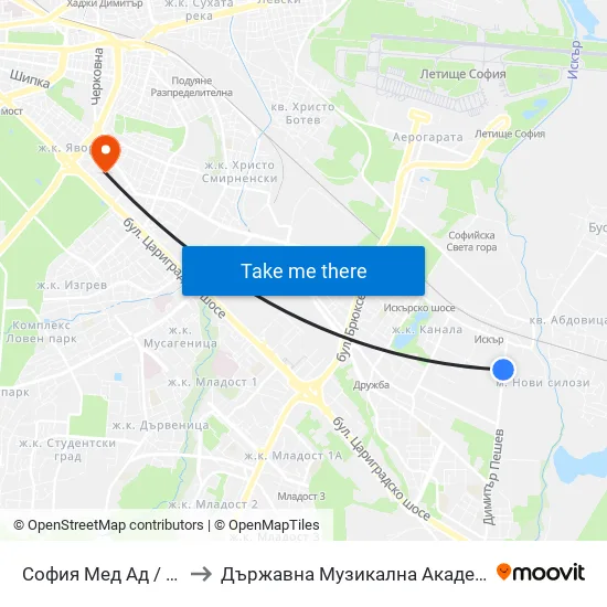 София Мед Ад / Sofia Med Jsc (1594) to Държавна Музикална Академия - Инструментален Факултет map