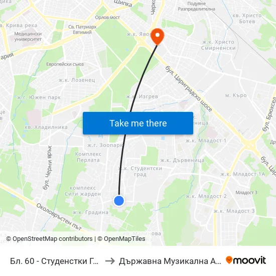 Бл. 60, Студенстки Град / Bl. 60, Students' Town (2508) to Държавна Музикална Академия - Инструментален Факултет map