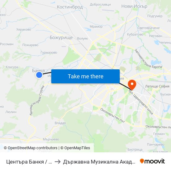 Центъра Банкя / Bankya Centre (0502) to Държавна Музикална Академия - Инструментален Факултет map