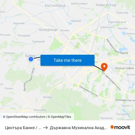 Центъра Банкя / Bankya Centre (0502) to Държавна Музикална Академия - Инструментален Факултет map