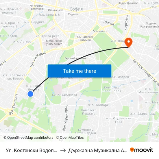 Ул. Костенски Водопад / Kostenski Vodopad St. (6278) to Държавна Музикална Академия - Инструментален Факултет map