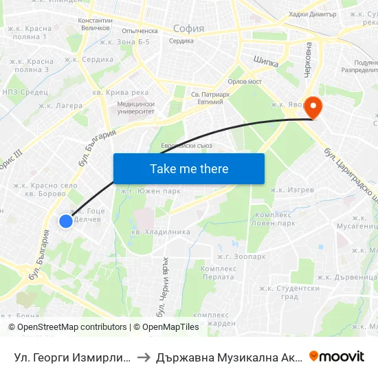 Ул. Георги Измирлиев / Georgi Izmirliev St. (6279) to Държавна Музикална Академия - Инструментален Факултет map